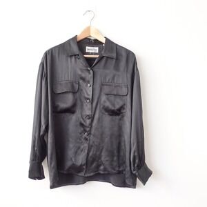 Vintage Black Silk Top Medium Button Up Single Stitch‎ Parisian INSOLITE Paris